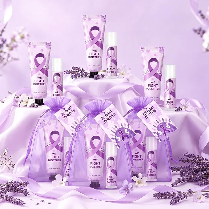 30 Sets Purple Ribbon Awareness Gift Set, Bulk Pancreatic Cancer Hand Cream Lip Balm Set with Organza Bags, Encouragement Cards for Domestic Violence, Lupus, Alzheimer's, Overdose Awareness