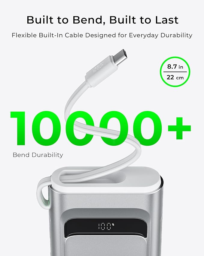 TALIX 10000mAh Portable Charger, 3-Port USB-C Power Bank, 100W Max Fast Charging Battery Pack with Built-in Cables for iPhone 17/16/15 Pro Max,iPad,Samsung Galaxy,Phone, TSA Approved Travel, Silver