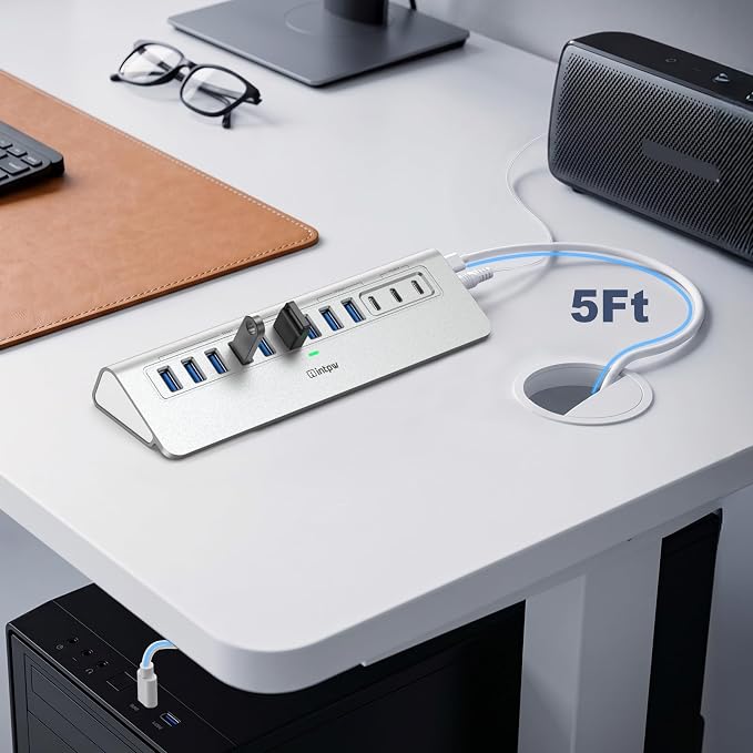 Powered USB Hub 10Gbps, intpw 12-Port USB 3.2 Hub with USB A/USB C 3.2, 7 USB 3.0, 2 PD 45W Charging Port, 65W Power Adapter and 5FT Cable, Aluminum USB Hub for Laptop, iPhone 17/16/15/PC