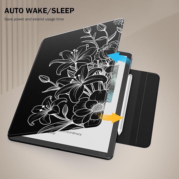 MoKo Magnetic Case for All-New 11" Kindle Scribe 2025(3rd Generation) & Kindle Scribe Colorsoft 2025(1st Generation) - Slim Folio Premium PU Leather Cover with Pen Clasp & Auto Sleep Wake, Line Flower