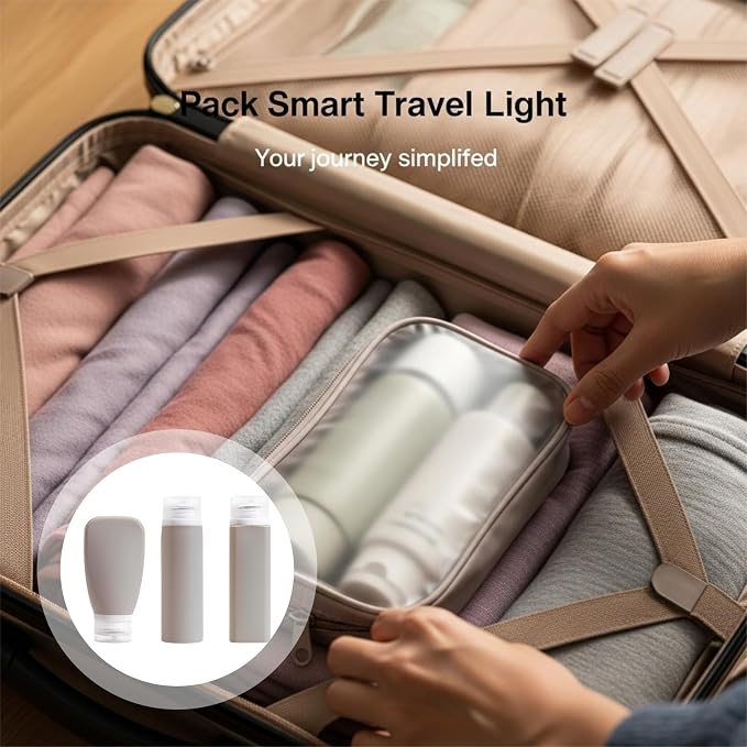 5 Pcs Travel Bottles Set for Toiletries, Leak Proof Refillable Squeeze Silicone Containers, Includes Waterproof Label Stickers, Portable Travel Accessories for Shampoo and Lotion