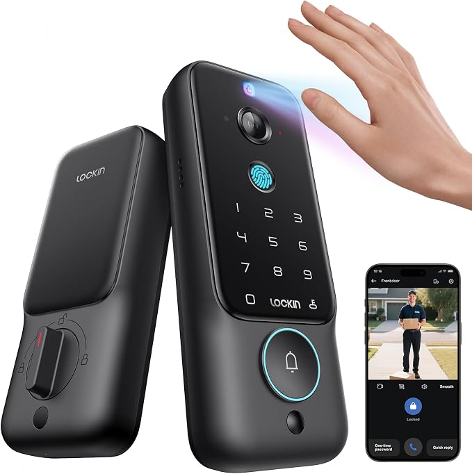 Lockin Venoris Plus - All-in-One Smart Lock for Front Door - Palm Vein & Fingerprint Keyless Entry - 2K 180° Ultra-Wide Camera, Night Vision, Built-in WiFi & 8GB Storage - No Monthly Fee