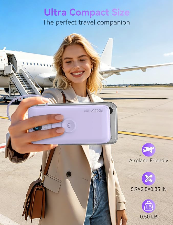 Portable Charger, 10000mAh 20W Fast Charging Power Bank with Built in Cables & AC Wall Plug & LED Display, Travel Essentials Battery Pack Powerbank for iPhone, iPad, iWatch, Samsung, Purple