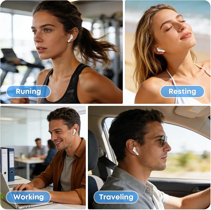 Wireless Earbuds Bluetooth 5.4 HiFi Stereo Headphones with Noise Cancelling Mic, 50H Playback in Ear Buds with LED Digital Display, IPX7 Waterproof Earphones for Office/Running/Workout (White)