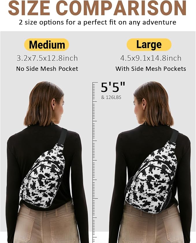 Tuwubi Crossbody Bags for Women, Sling Bag for Men, Small Hiking Backpack Anti Theft Lightweight for Outdoors Travel （M, Cow Print）