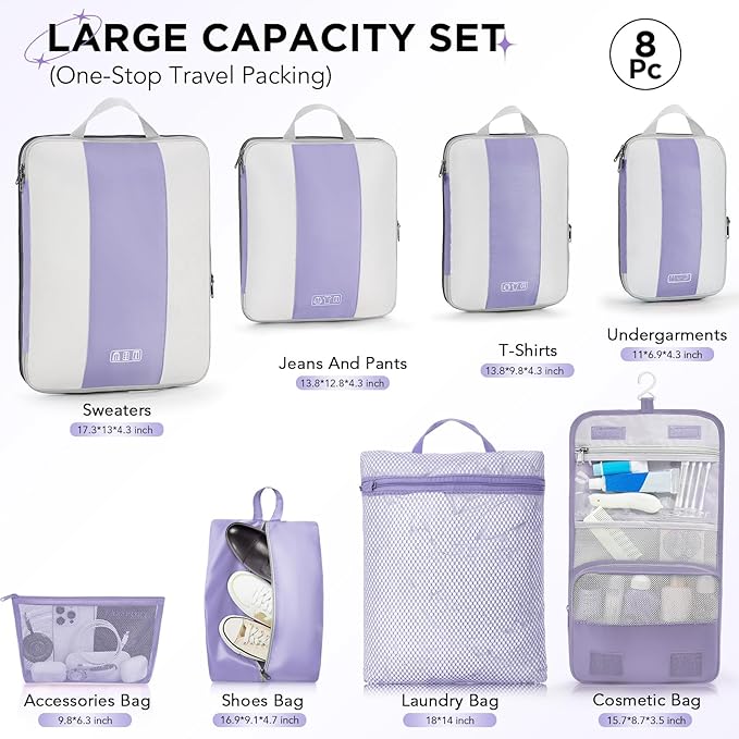 8 Set Compression Packing Cubes for Travel Essentials,Compressible Expandable Packing Cubes for Suitcase,OlarHike Luggage Garment Bags for Travel,Handy Helper for Organizing Clothes(Purple Gray)