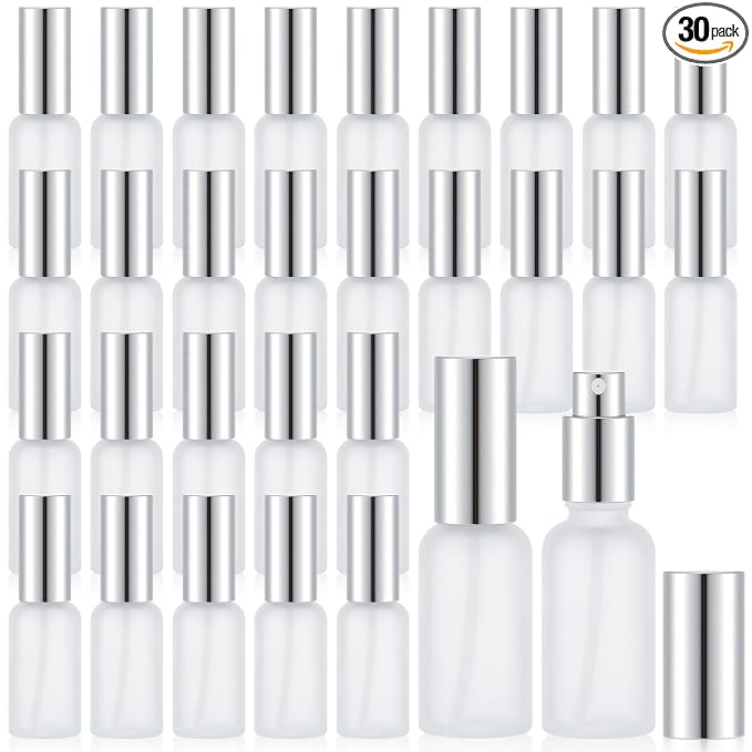 Roshtia 30 Pcs Glass Spray Bottle Clear Empty Bottles Small Refillable Reusable Perfume Bottle with Fine Mist Sprayer Pump for Face Body Travel(1 oz,Silver)