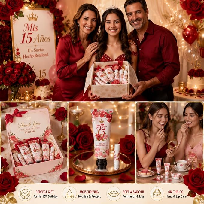 Leelosp 100 Pcs/50 Sets Red Quinceanera Party Favor Gifts for Guests 15th Thank You Gifts Girl Hand Cream and Lip Balm Sweet 15th Birthday Party Favors for Guests