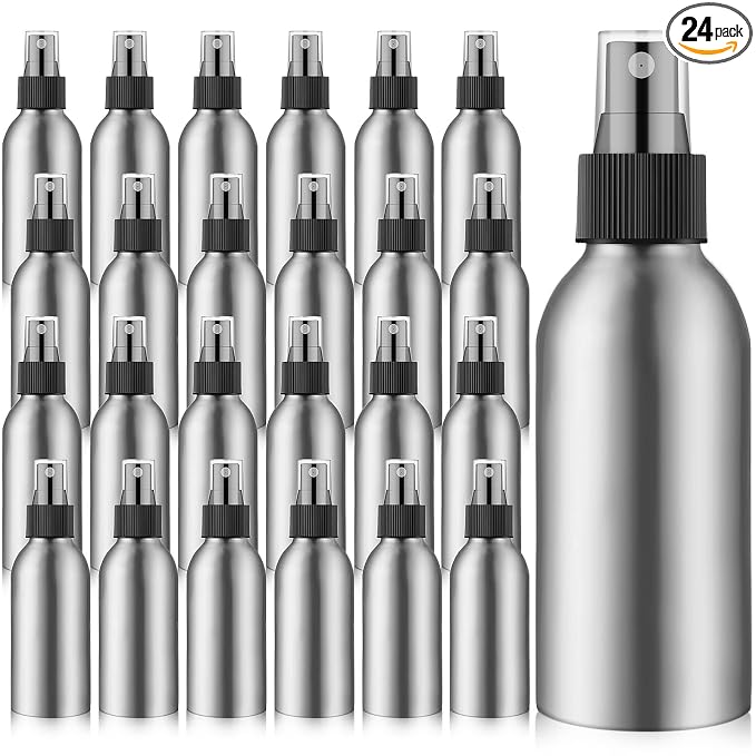 Irenare 24 Pcs Small Spray Bottles Aluminum Fine Mist Spray Bottles Bulk Metal Essential Oil Storage for Perfume Toner Liquid Refillable Pump Vials Atomizer Containers for Room Travel(4 Oz)