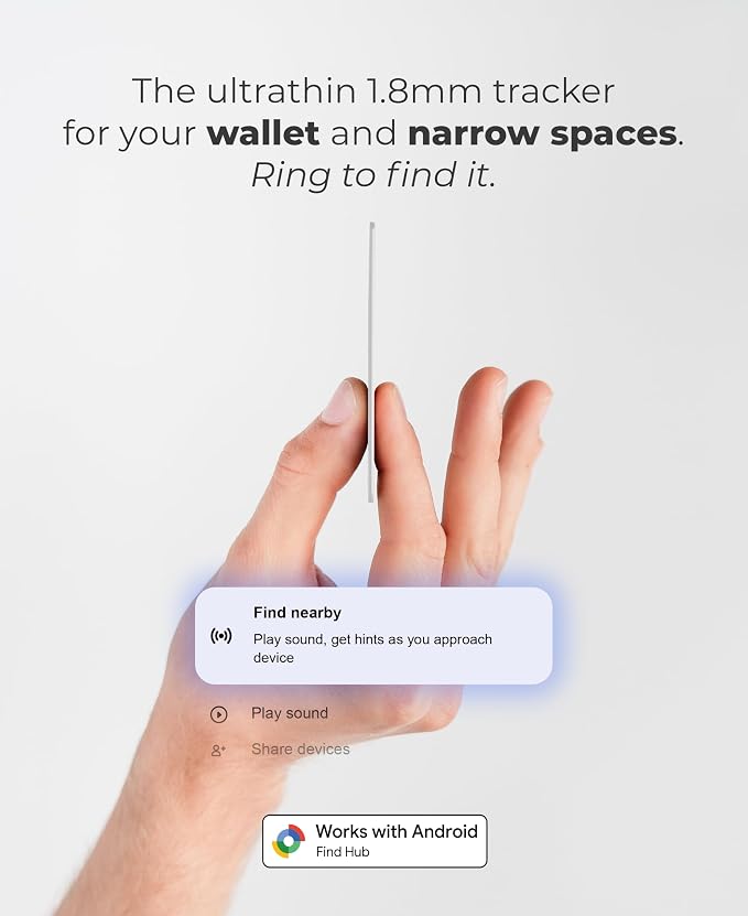 Rhinokey® Wallet Tracker Card (Android Only) 0.07in Slim Rechargeable Smart Tracking Card Works with Google's Find Hub IP68 Tag Item Finder with Key Chain Hole for Luggage (1 Pack - Android - White)