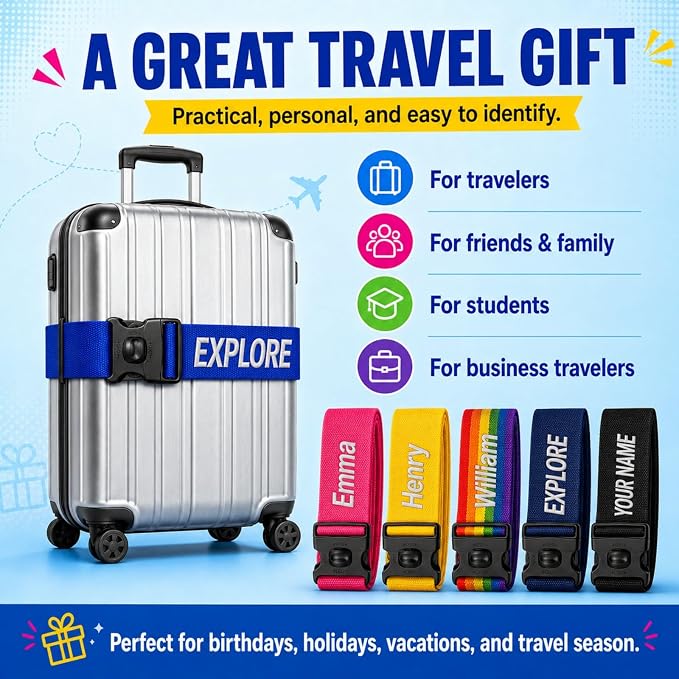 Personalized Luggage Strap with Safety Locking Buckle,10 Pcs Custom Embroidered Names & Text, Adjustable Travel Belt for Suitcases, Prevents Accidental Opening, Ideal for Travel & Gifts(10)