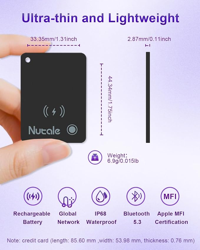 Apple MFi Certified Wallet Tracker-Small Smart Tracking Card for Apple Find My(iOS Only), Magnetic Rechargeable iPhone Card, IP68 Waterproof,Item Tracker Card for Key,Wallet,Bag (1-Black)