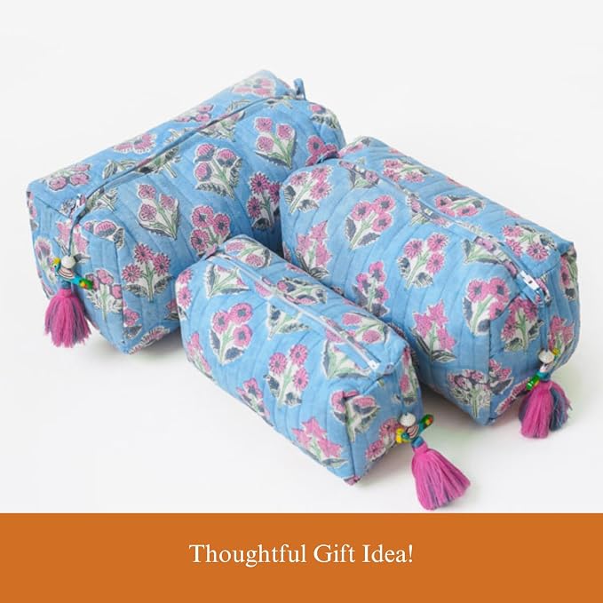Saffron Marigold Quilted Makeup Bag Set of 3, Hand Block Printed Cotton Cosmetic Bags for Women, Waterproof Lined Travel Toiletry Bag, Coquette Floral Aesthetic, Handmade Gift, Denim Rose