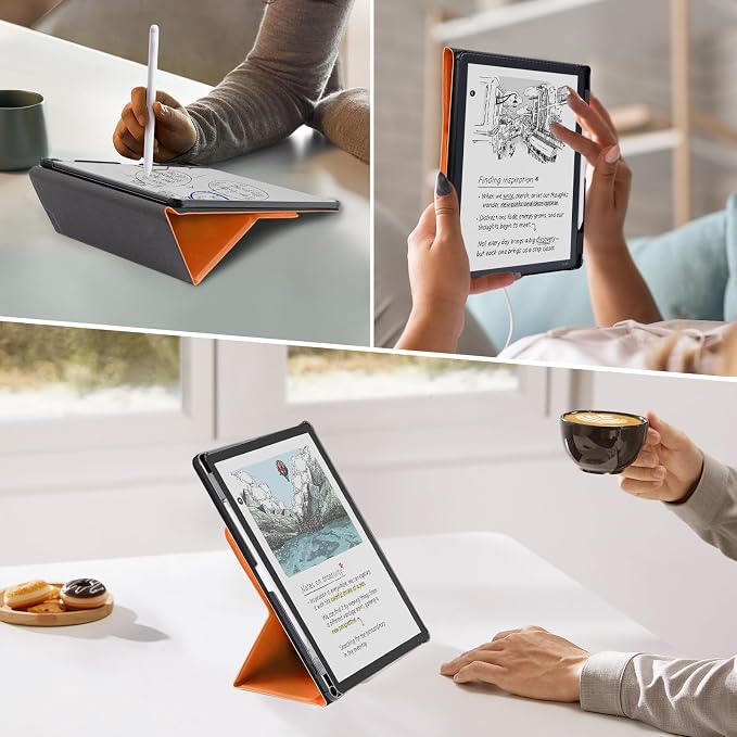 CoBak Case for 11" Kindle Scribe 3rd Generation 2025, Kindle Scribe Colorsoft with Two Viewing Angles - All New PU Leather Cover with Auto Sleep Wake, Pen Holder. Orange Crossgrain
