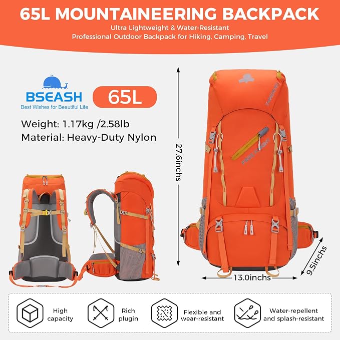 Bseash 65L Waterproof Hiking Camping Backpack with Rain Cover, Outdoor Sport Travel Daypack for Climbing Touring (Orange)