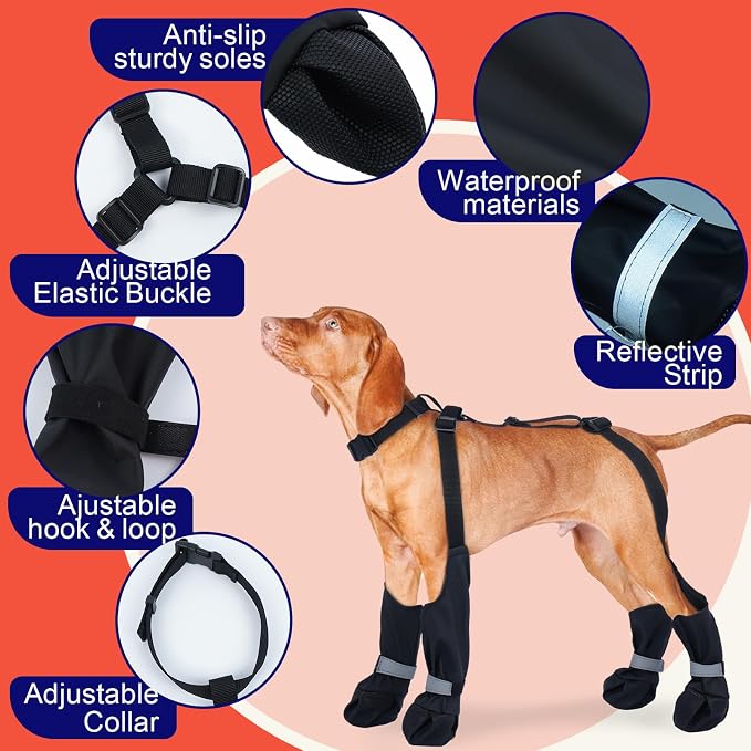 S Black Stay-On Suspender Dog Boots | Anti-Slip Waterproof | Adjustable Dog Shoes Paw Protector for Small/Medium Dogs Outdoor Walking Hiking Hot Pavement Winter Snow