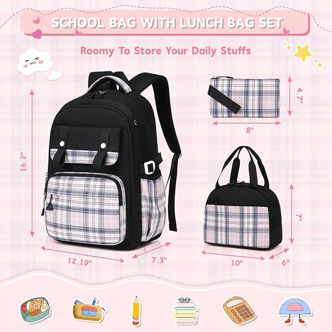 MUSEVOS Girls Backpack with Lunch Bag, Elementary Middle School Backpack, Large Capacity Kids Bookbag 3 Pcs Set