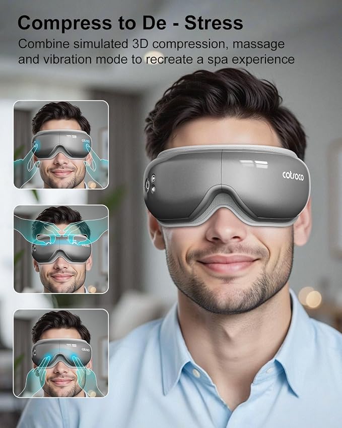 cotsoco Eye Massager with Heat & Bluetooth Music, Mothers Day Birthday Gifts for Women, Reduce Eye Strain, Headache Relief and Improve Sleep, Eye Care Device for Migraine-Grey