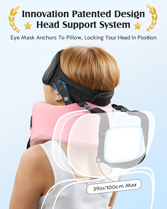 YFONG Travel Pillow for Long Flights, Patented 360° Ergonomic Sleeper Hold Head Support System with Memory Foam Neck Pillow & 3D Sleep Mask, Prevent Head Bobbing for Airplane & Road Trip, Pink