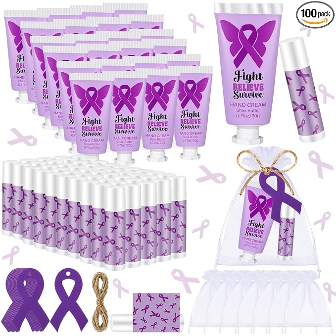50 Set Purple Ribbon Awareness Gifts Bulk Woman Purple Ribbon 50 Lip Balm 50 Hand Cream 50 Bag 50 Tag for Domestic Violence Awareness Lupus Epilepsy Pancreatic Cancer Party