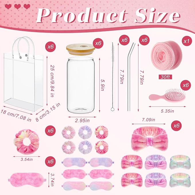 37 Pcs Spa Sleepover Party Supplies for Girls, 6 Set Pink Tie Dye Spa Party Favors, Include Cups, Hairbands, Eye Mask, Headband, Brush, Tote Bags with Ribbon for Sleepover Birthday Favors