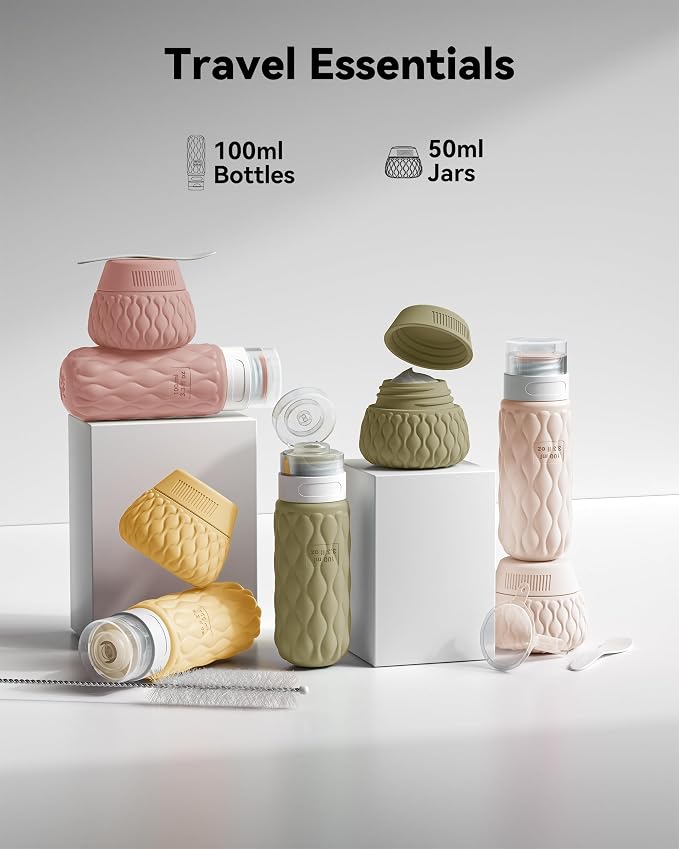 Silicone Travel Bottles for Toiletries 8 Pack Travel Size Toiletries 3.4 oz 1.7 oz, Leakproof Squeeze Travel Size Containers Refillable Cosmetic Jars Set for Shampoo, Conditioner, Creams