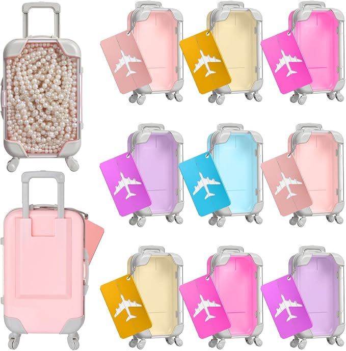 Teecyhooo 10 Pcs Mini Suitcase Party Favor Boxes and 10 Pcs Metal Luggage Tags with Card Clear Mini Luggage Gift Boxe for Girls Wedding Travel Birthdays Bachelorette (6.5 x 2.8 x 1.4 Inch, Multicolor)