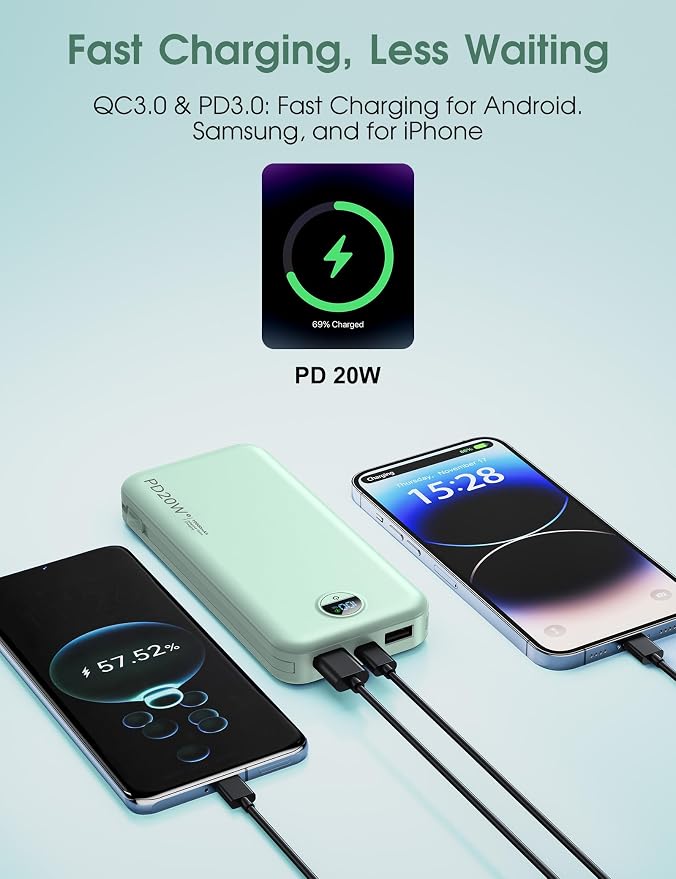 citicr Portable Charger 10000mAh PD20W w/Built-in Cables & Wall Plug Green | Fast charging, Built-in wall plug, LED display, Charge 5 devices at once, Pass through charging, TSA approved, Pocket size
