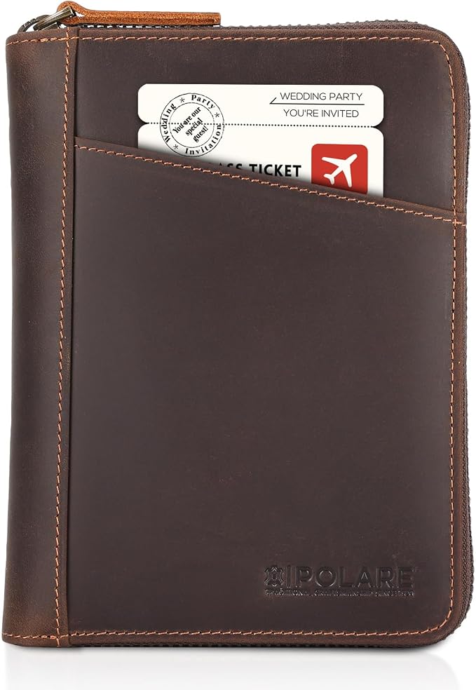Polare Full Grain Leather Dual Passport Wallet and RFID Blocking Bifold Passport Cover Travel Document Organizer Holder 2 Passports (Dark Brown)