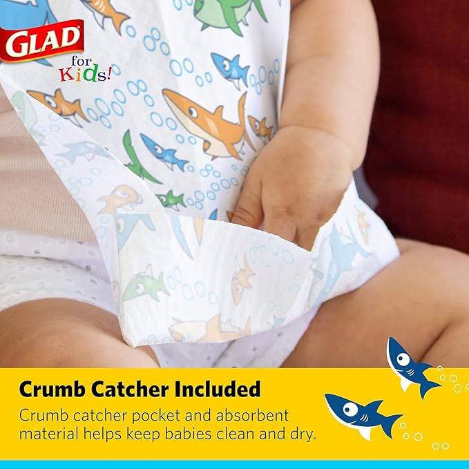 Glad for Kids Shark Disposable Paper Bibs with Crumb Catcher Pocket, Absorbent Leakproof Design, 30 Count, 24 Pack
