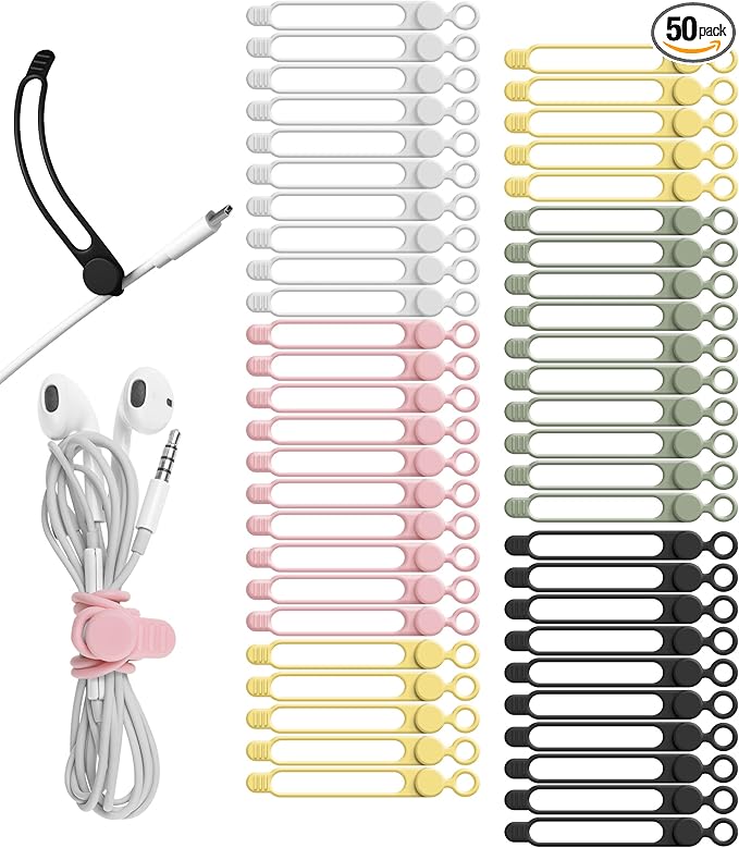 50Pcs Silicone Cable Ties Cord Organizer for Bundling Earphone, Phone Charger, Computer Cords, Reusable Cable Ties Wire Organizer in Home,Office,Kitchen,School (5 Colors)
