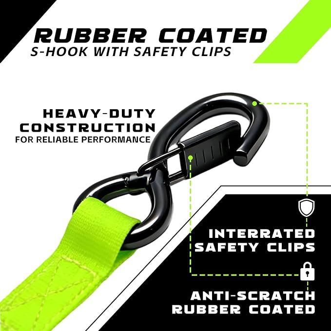 Retractable Ratchet Straps 1" x 13Ft, Heavy Duty Self Retracting Tie Down Straps, 1800lb Break Strength Auto Retract Cargo Straps for Truck, Trailer, Motorcycle, ATV, UTV, (Fluorescent Green, 2 Pack)