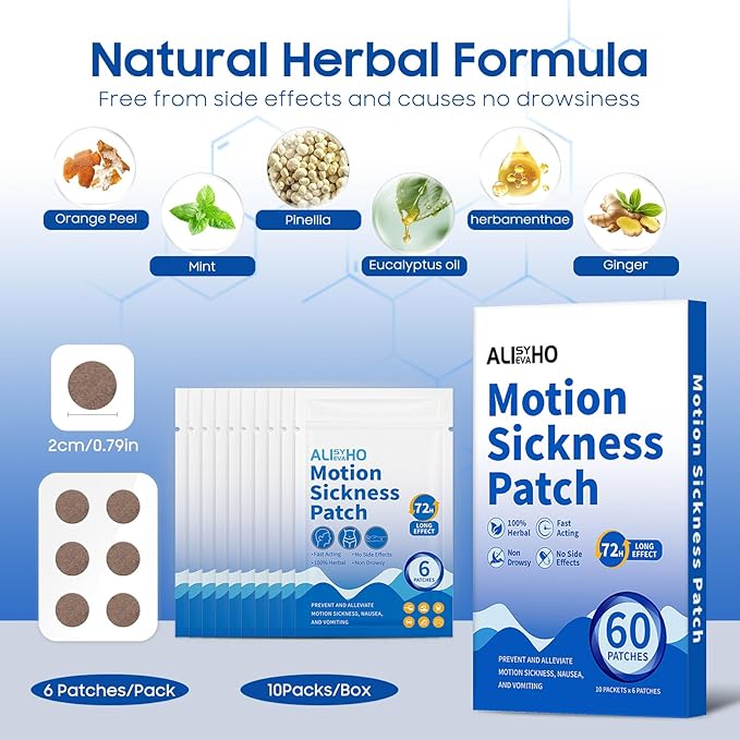 Motion Sickness Patches 60ct – Non-Drowsy Sea Sickness Patches for Cruise, Car, Airplane & Travel – 72H Long-Lasting Travel Essentials for Adults & Kids