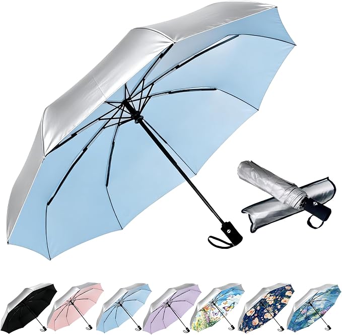 SIEPASA Compact Travel Umbrella - Windproof Auto Open/Close, Small Folding Umbrella for Rain & Sun with UPF50+ - Lightweight Frame, Waterproof - Fits Backpack, Purse, Suitcase.(Silver/Blue)