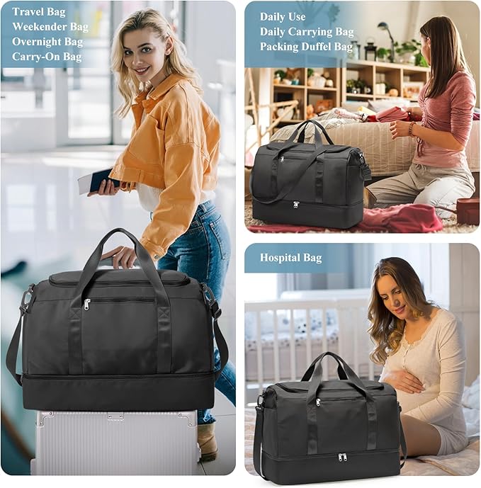 Large Travel Duffle Bag,Carry on Overnight Weekend Bag with Shoes Compartment,Weekender Bags for Women for Travel Business Trips Sport Hospital,3 Pcs Set,Black