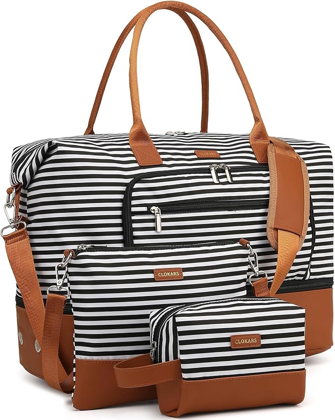 Weekender Bags for Women Travel, Under Seat Carry On Bags for Airplanes Overnight Bag with Shoe Compartment Luggage Sleeve, Foldie Travel Tote Bag Hospital Bag, Travel Gifts, Black Strip