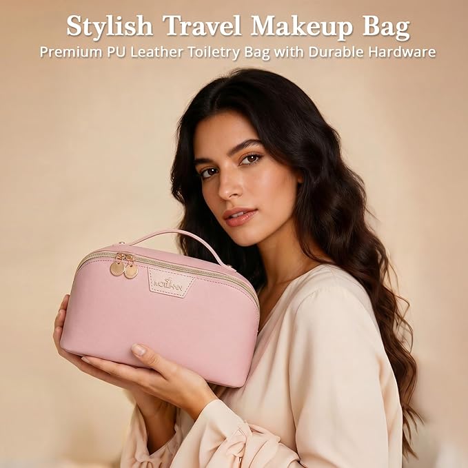 Travel Makeup Bag for Women: 3-in-1 Large Capacity Cosmetics Organizer with 2 Detachable Pouch - Vegan Leather Flat Open Toiletry Bag - Portable Travel Essentials for Full-Sized Bottles(Pink)
