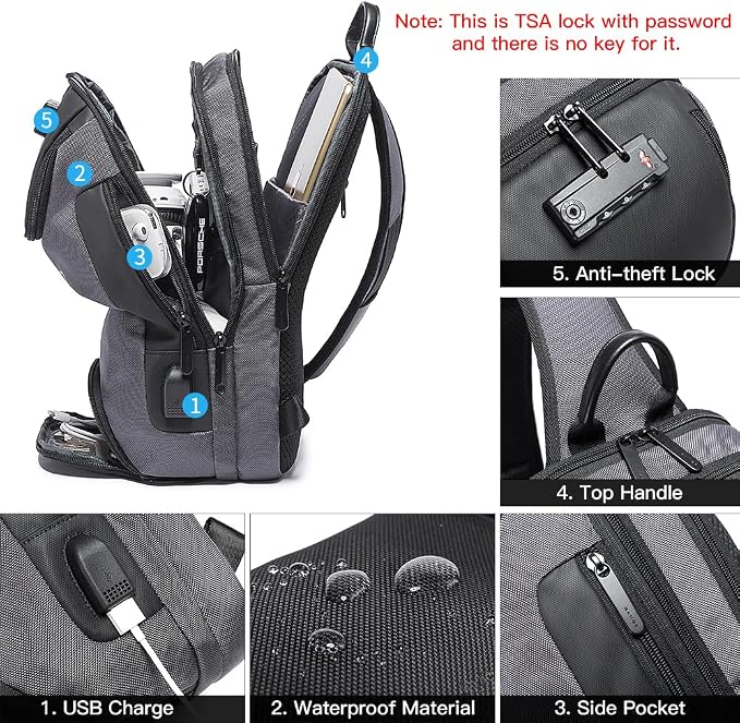 BANGE Anti Theft Sling Bag with USB Charging Port, Waterproof Crossbody Chest Pack, Lightweight Travel Daypack Shoulder Bag for Men Women