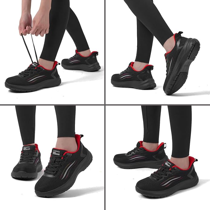 Treesky Black Non Slip Work Shoes for Women, Restaurant & Kitchen Sneakers | Slip resistant soles, lightweight cushioning, breathable knit, removable insole, for nursing, food service & long shifts