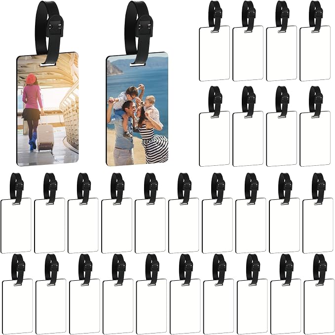 Frienda Sublimation Luggage Tag Blanks White Blank Travel Bag Tags Bulk with Strap Double Sided MDF Suitcase Labels with Slots for Easy Identification