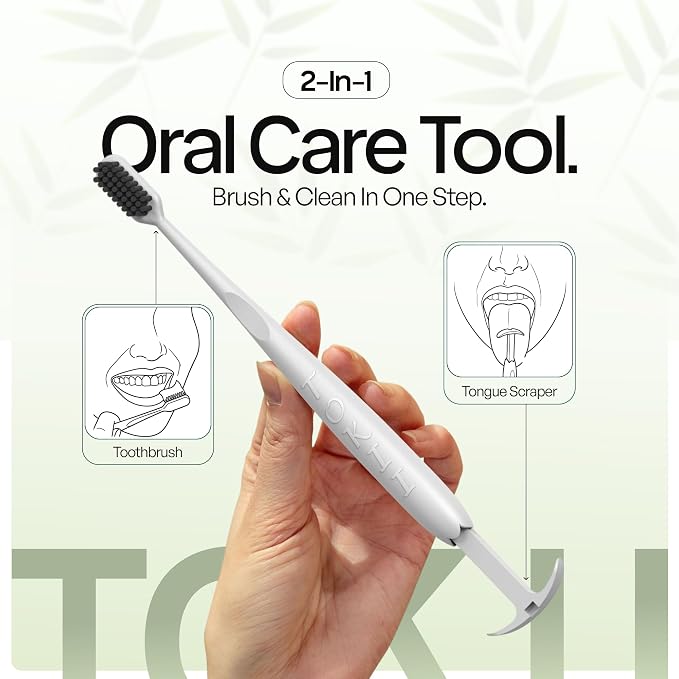 Tokii Tongue Scraper & Tongue Cleaner for Adults, 2-in-1 Toothbrush with Sliding Tongue Scraper, Charcoal Ultra Soft Bristles, Ayurvedic-Inspired, Includes Travel Toothbrush, Stand & Waterproof Pouch