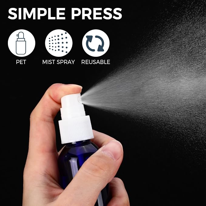 LemonRoad 100 Pack 2 oz Mini Spray Bottles Bulk Small Plastic Fine Mist Spray Bottles Leak Proof Mini Empty Refillable Travel Size Amber Blue Black Fine Mist Sprayer Bottle for Hair, Cleaning