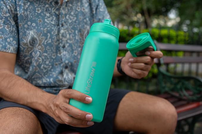 LifeStraw Go Series — Insulated Stainless Steel Water Filter Bottle for Travel and Everyday Use Removes Bacteria, Parasites and Microplastics, Improves Taste, 24 oz, Cactus Green