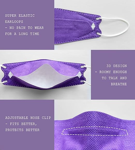 Borje KN95 Face Masks, 100 Pcs Disposable Face Masks, Purple Mask Against PM2.5 from Fire Smoke & Dust Filter Efficiency 95%
