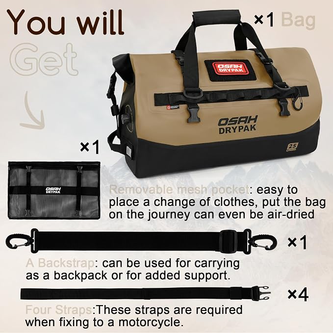 OSAH DRYPAK Waterproof Duffel Bag 25L/40L/60L – Heavy-Duty Motorcycle Tail Bag, Roll-Top Dry Bag for Travel, Camping, Boating, Kayaking, Outdoor Adventure