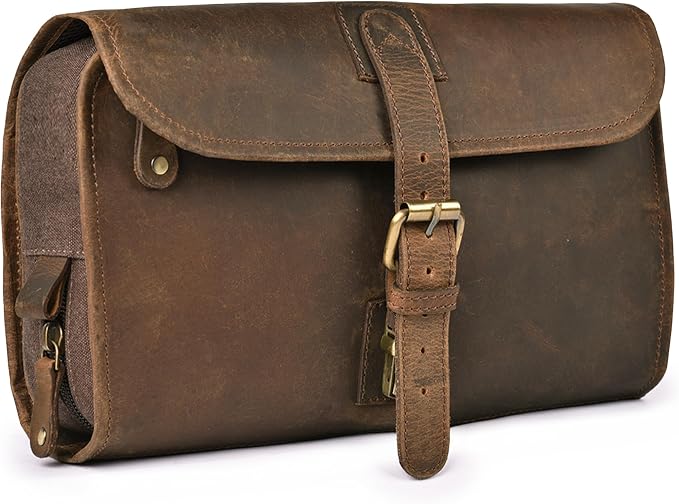 LEATHER VILLAGE Hanging Genuine Leather Toiletry Bag for Men & Women with Waterproof Lining – Handcrafted Vintage Travel Dopp Kit, Shaving Organizer & Shower Bathroom Essentials Case - Brown