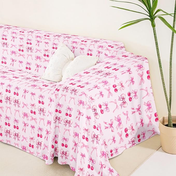 Erosebridal Light Pink Cherry Bow Non Slip Covers Sofa Covers for 3 Cushion Cute Ribbon Bowknot Dog Pet Couch Protector Princess Bow Tie Washable Anti-Slip Couch Cover Kawaii Sofa Cover,91" x 118"