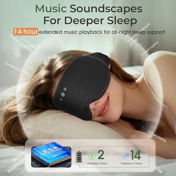 Weighted Bluetooth Sleep Mask with Removable Hot & Cold Gel Insert, 3D Blackout Eye Mask, Adjustable Speaker Placement, Passive Sound Masking, 15H Playback for Sleep, Travel & Relaxation