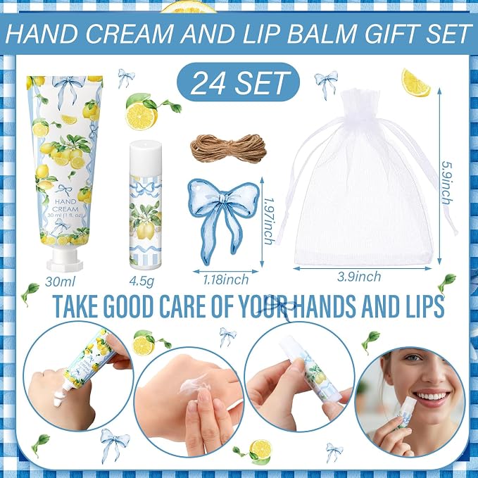 24 Sets Lemon Bow Hand Cream and Lip Balm Amalfi Coast Gifts Lemon Bridal Shower Party Favors Blue Bow Baby Shower Favor for Guest Travel Size Hand Lotion and Lip Balm Bulk Birthday Party Supplies