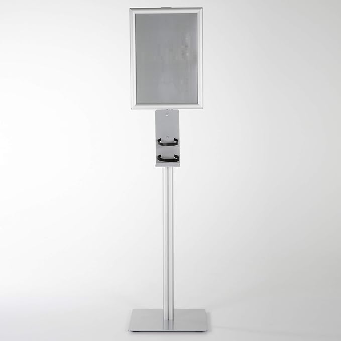 M&T Displays Floor Stand Universal Holder for Liquid/Lotion Soap or Hand Sanitizing Products, Face Mask, Disposable Glove, Facial Tissue with 11x17 Inch Opti Snap Frame Message Sign Post